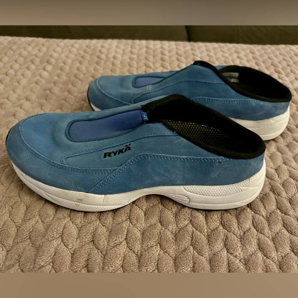 Ryka Blue Suede Slip-on Sneakers SHOES women size 8 W wide Open-back Comfort